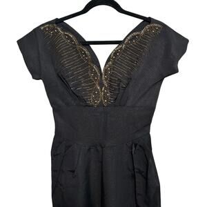 Vintage Black Gold Beaded Cocktail Dress S/M Art Deco Shimmer LBD Party Formal